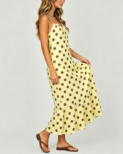 Women's Fashion Loose Banded Drawstring Backless Sleeveless Brown Dot Yellow Dress