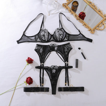 Perspective Embroidered Flower Backless Double Shoulder Strap Underwear Split Set