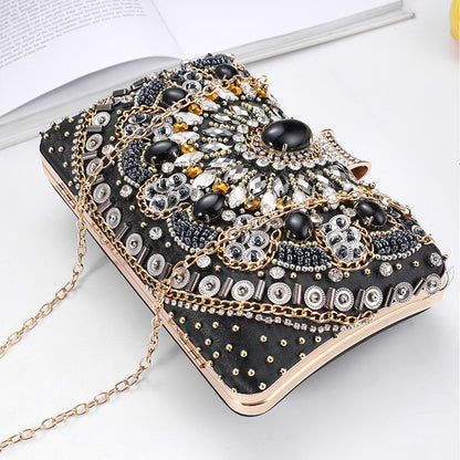Cross-Mirror New Bead Embroidered Evening Bag, Hand-Beaded Women's Hand-Held Wedding Bag, Diamond-Encrusted Banquet Rhinestone Evening Bag