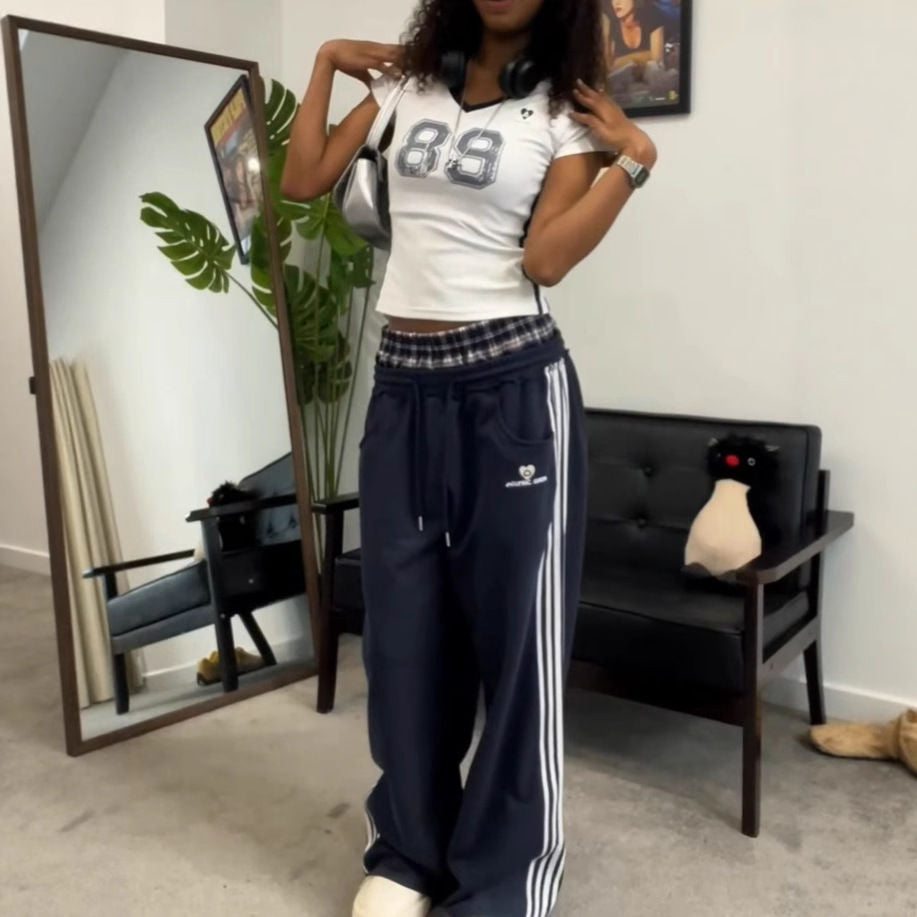 Y2K retro street double waistband plaid spliced hoodie pants casual loose straight-leg pants sport pants ins