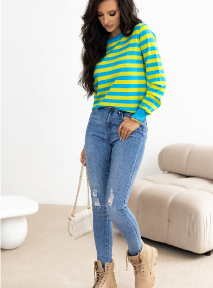 Groene gestreepte losse schouder casual trui