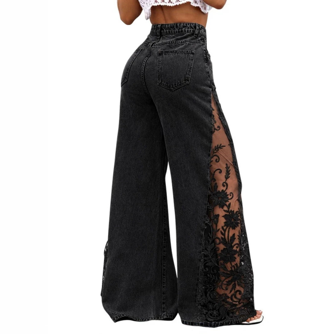 Women Colorblock Lace Spliced Wide Leg Denim Jeans