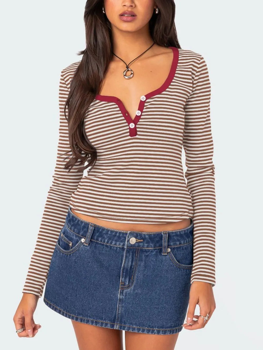 Color blocking striped knitted sweater women's summer top button slim fit shoulder t-shirt