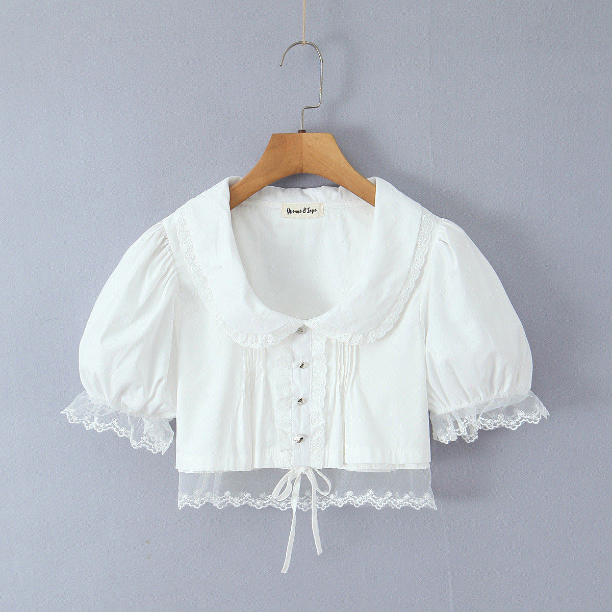 Doll collar lace patchwork bubble sleeves mesh white top
