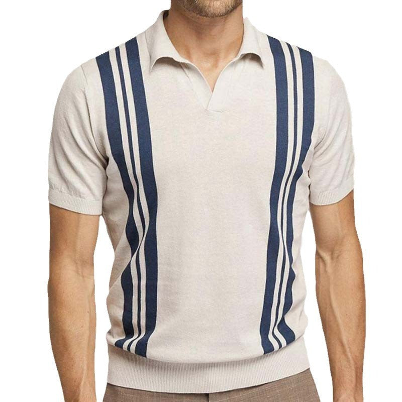 Zomerse gestreepte gebreide casual poloshirt met korte mouwen