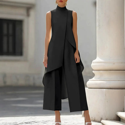 Womens High-Neck Sleeveless Wide-Leg Pants Set