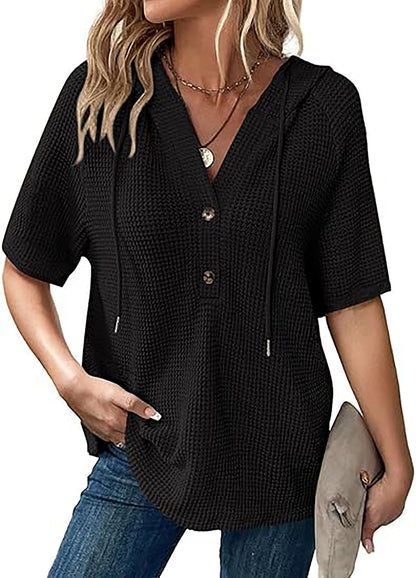 Dames zomer wafel gebreide hoodie met korte mouw