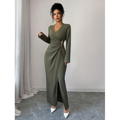 Womens Solid Color V-Neck Long Sleeve Dress