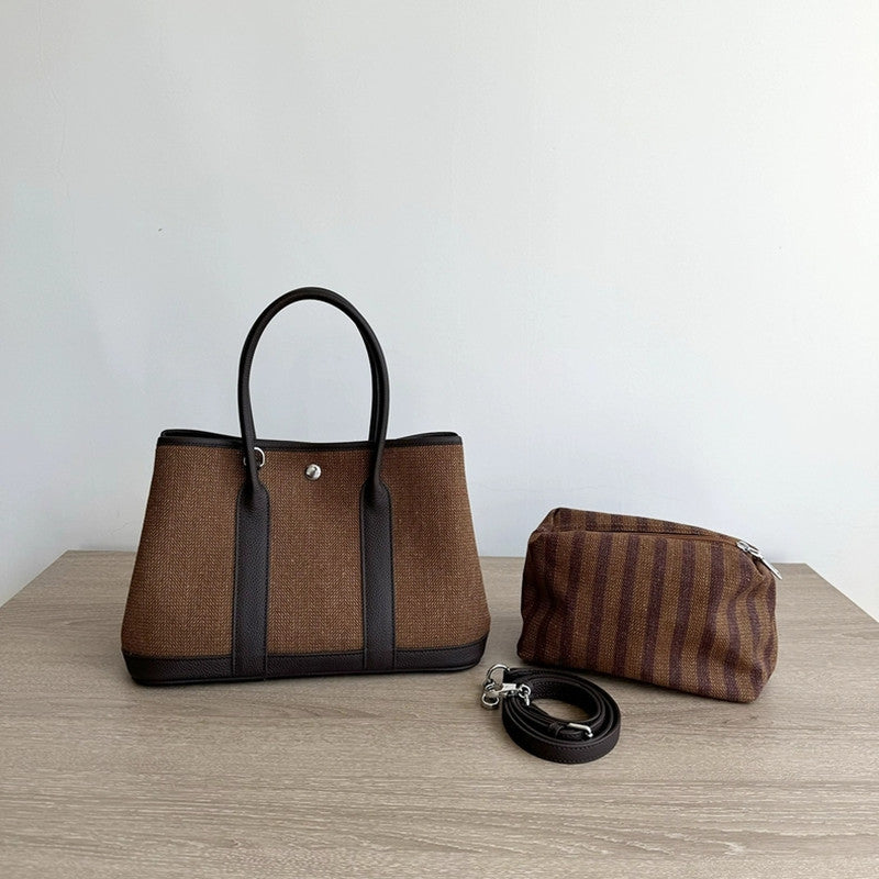 Garden Bag 2026 New Style Woolen Linen with Genuine Leather Top Layer Cowhide Handbag Single Shoulder Crossbody Wholesale Women's Bag