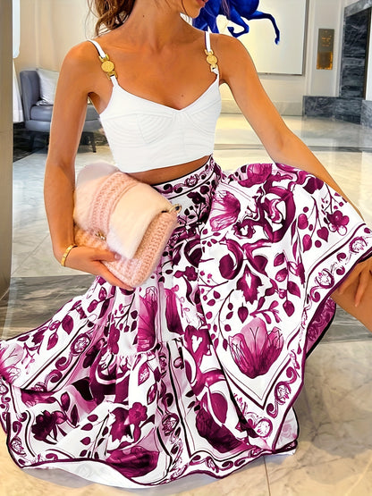 Plus size digitaal bedrukte taille-gecontroleerde retro maxi-rok