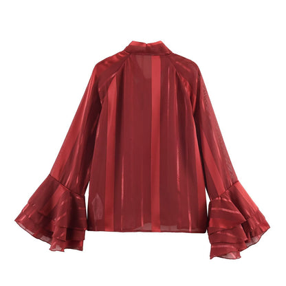 Commuting style elegant chiffon lace up flared sleeve shirt