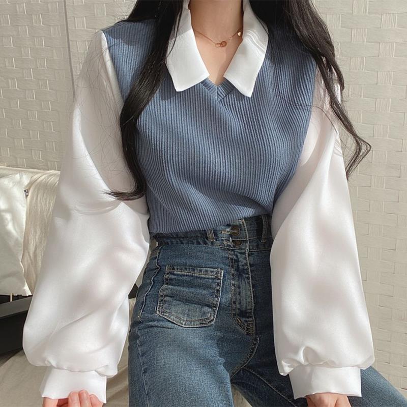Chic Oversized Two-Piece Look Women's Long Sleeve Polo Neck Sweatshirt with Ribbed Stitching, Loose Fit and Versatile Casual Top