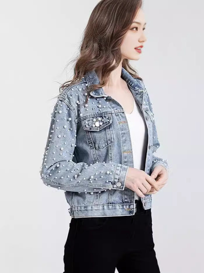 Women's Pearl Rhinestone Cropped Denim Jacket Long Sleeve Slim Fit
