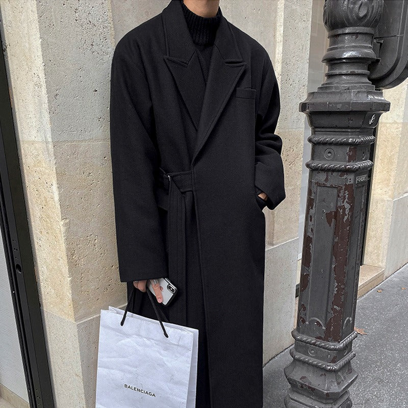 Trendy Korean version coat Trendy solid color minimalist medium length woolen coat Wide and thick coat