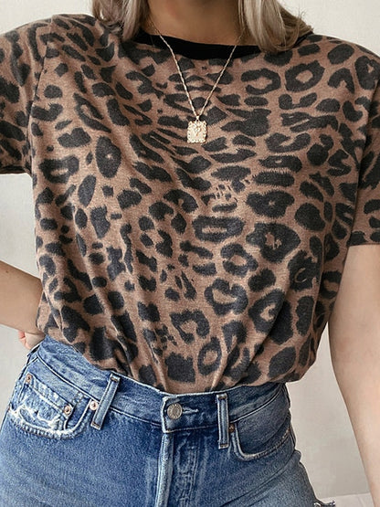 Aachoae Summer Women Leopard T Shirt O Neck Fashion Female Tshirt Short Sleeve Loose Home Ladies Tee Tops Mujer Camisetas S-XL