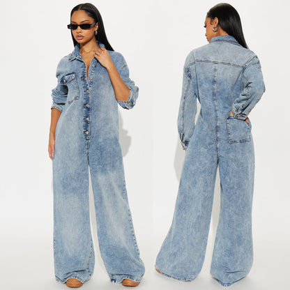 Slim fit elastic trumpet long sleeved denim jumpsuit