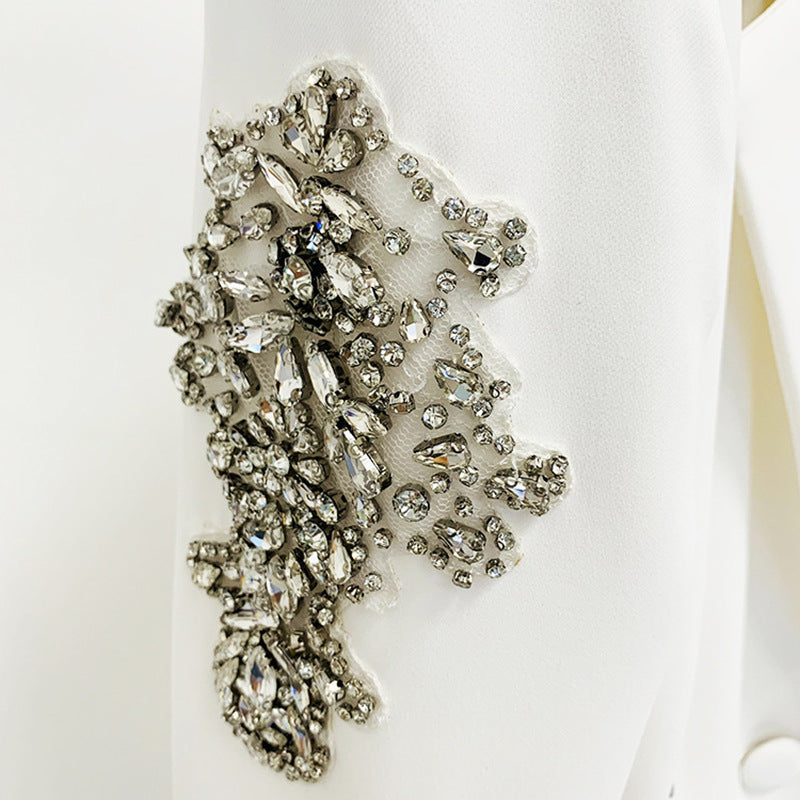 Beaded Rhinestone Blazer and Wide-Leg Pants Set