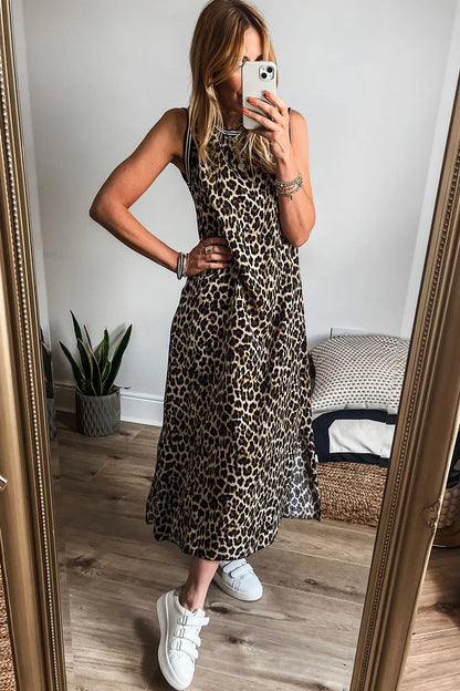 Mouwloze maxi-jurk met luipaardprint en zijsplit