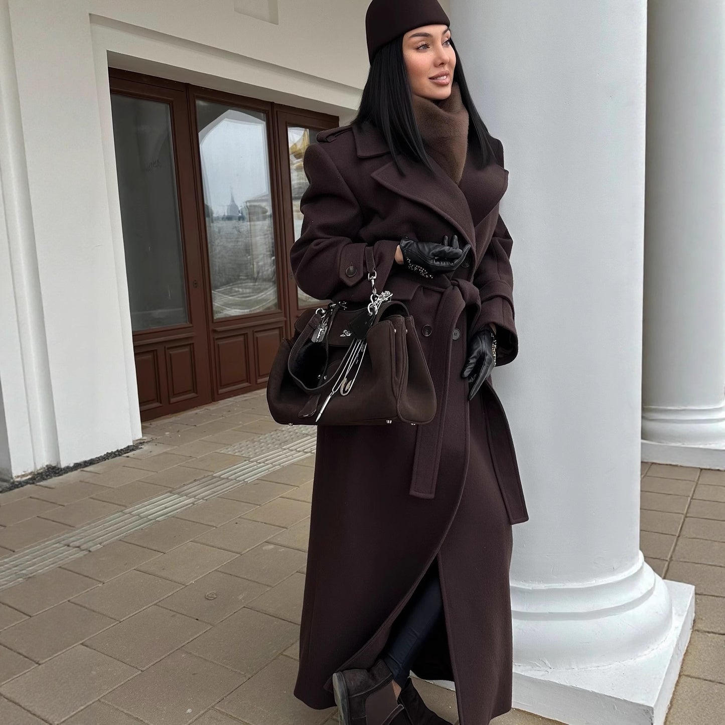 Women Casual Stand Collar Single Breasted Tie Long Coat