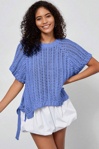 Plus size open gebreide trui met strik en korte mouwen
