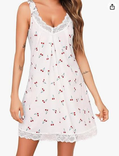 Womens Modal Lace V Neck Sleeveless Nightdress Loose Sleepwear