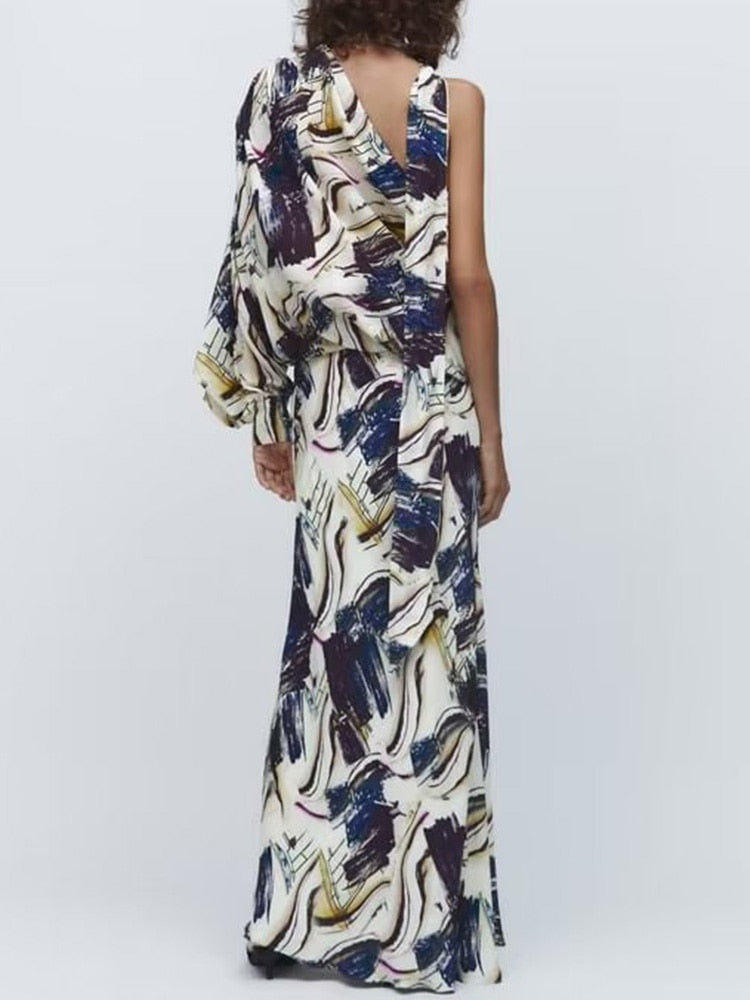 Women Elegant Skiet Sets Summer Fashion Asymmetrical One Shoulder Blouse+Mid-Calf Skirts Casual Street Outwear