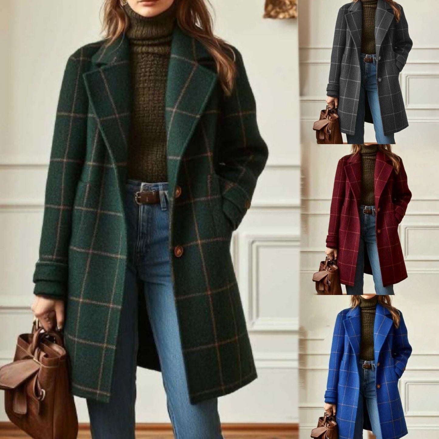 Retro Plaid Mid-Length Lapel Coat for Women