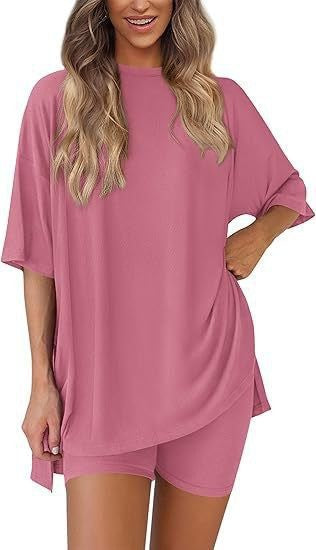 Loose Fit Casual Round Neck Short Sleeve Shorts TwoPiece Set