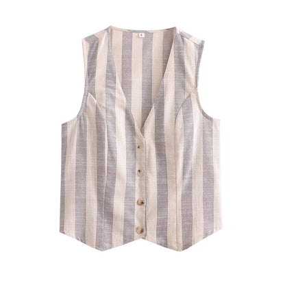 Women's Clothing Imitation Linen Striped Tank Top + Long Pants Set