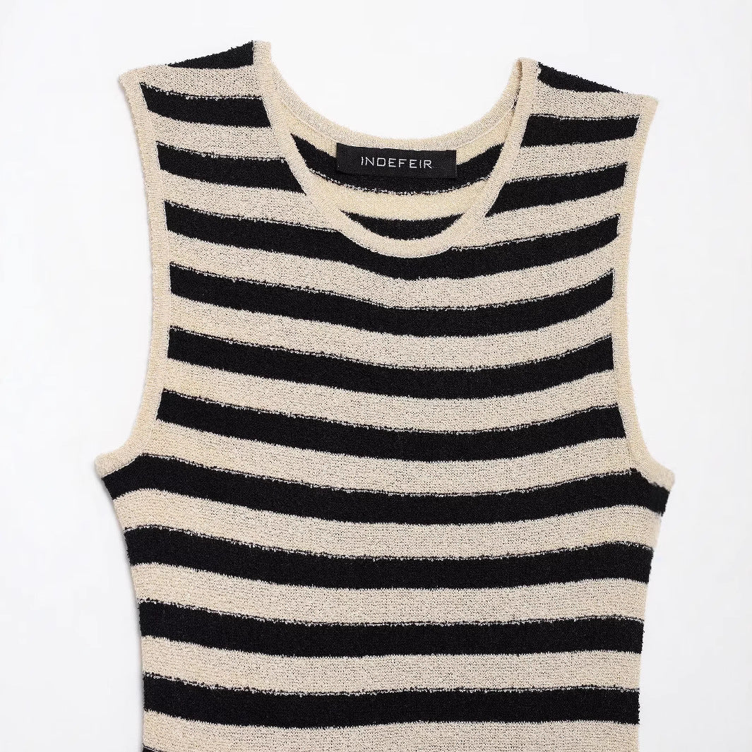 Summer Fashion Round Neck Sleeveless Striped Midi Dress for Women