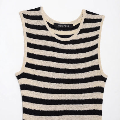 Summer Fashion Round Neck Sleeveless Striped Midi Dress for Women