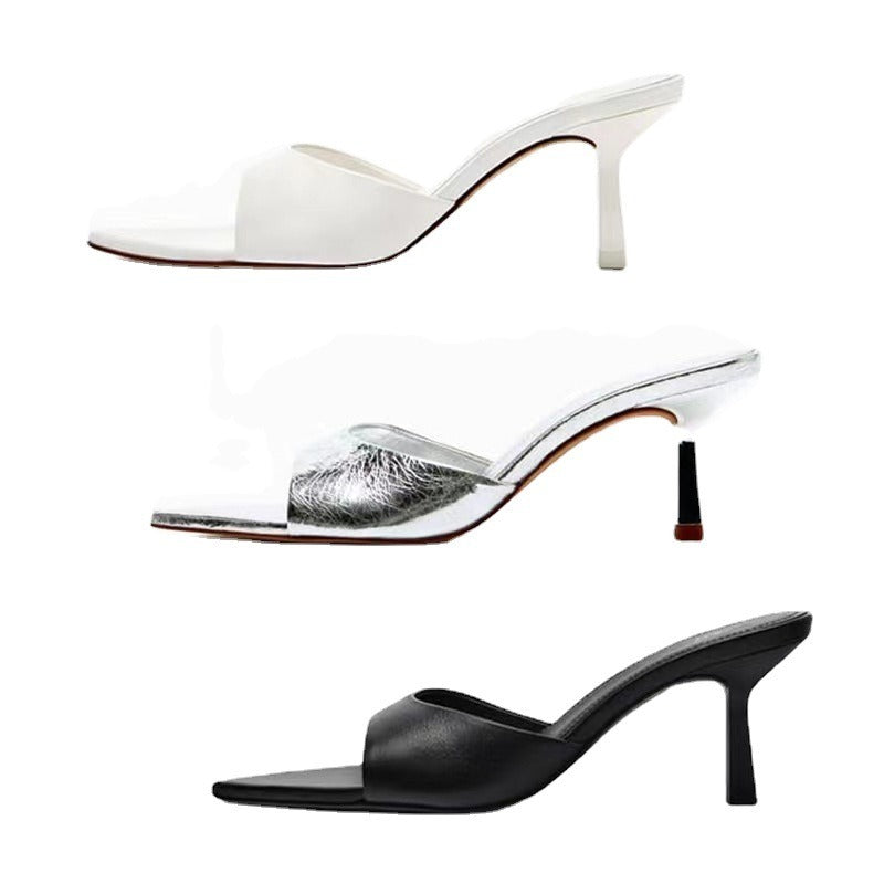 Summer New Women's Shoes Sandals Silver Pointed Open Toe Slippery Slippery Slippery Slim Back High Heel