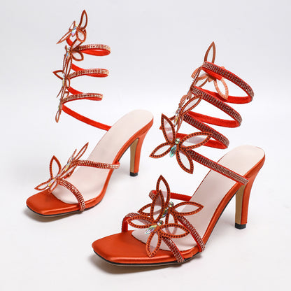Roman Rhinestone Winding Thin Heel Sandals