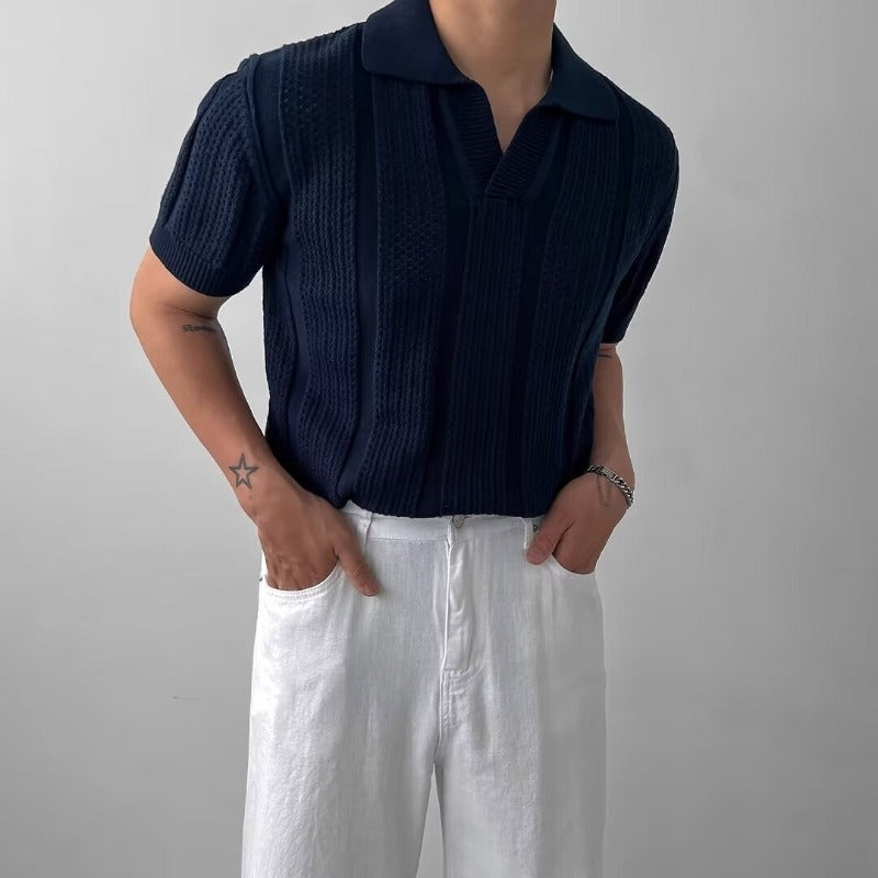 Men's Cut Out Mesh Texture Knitted Short Sleeve Polo Shirt
