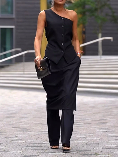 Vest met één schouder en hoog getailleerde broek te combineren als set