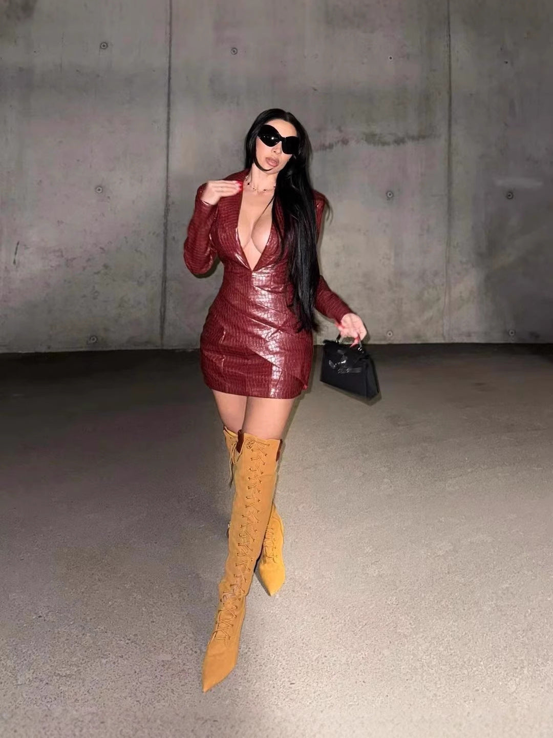 Faux Fur Pleated Deep V Neck Jumpsuit