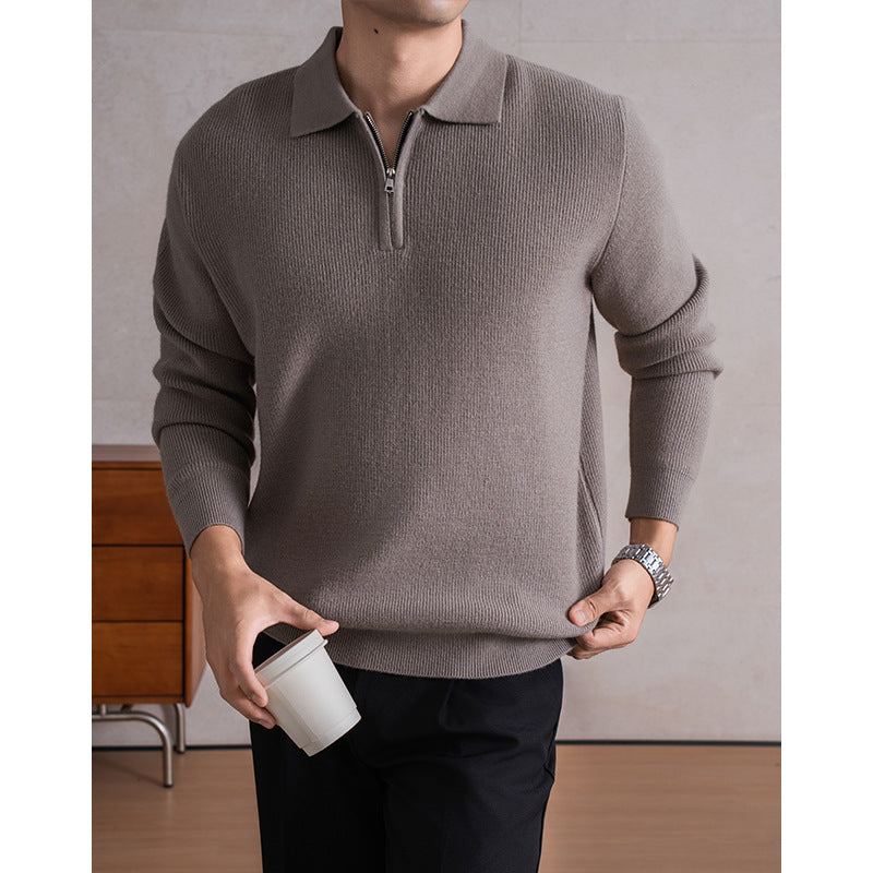 Men's Zippered Sheep Wool Blend Thickened Knit Sweater with Anti-Pilling Feature
