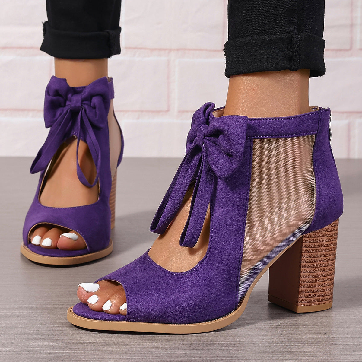 Womens Chunky Heel Sandals with Bow Suede High Heels Hollow Sandals