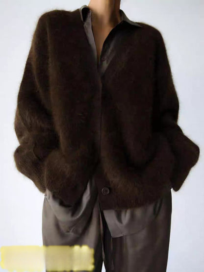 Women's Imitation Mink Fur V-Neck Long Sleeve Knit Cardigan Sweater
