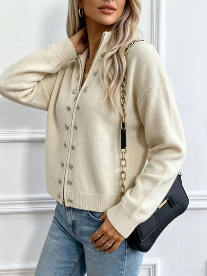 button-decorated knitted zipper cardigan sweater coat