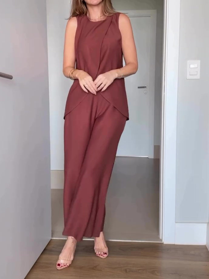 Bruine mouwloze top met hoge taille en wijde pijpen set