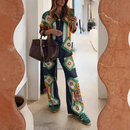 Printed Long Sleeve Shirt and Casual Trouser Set