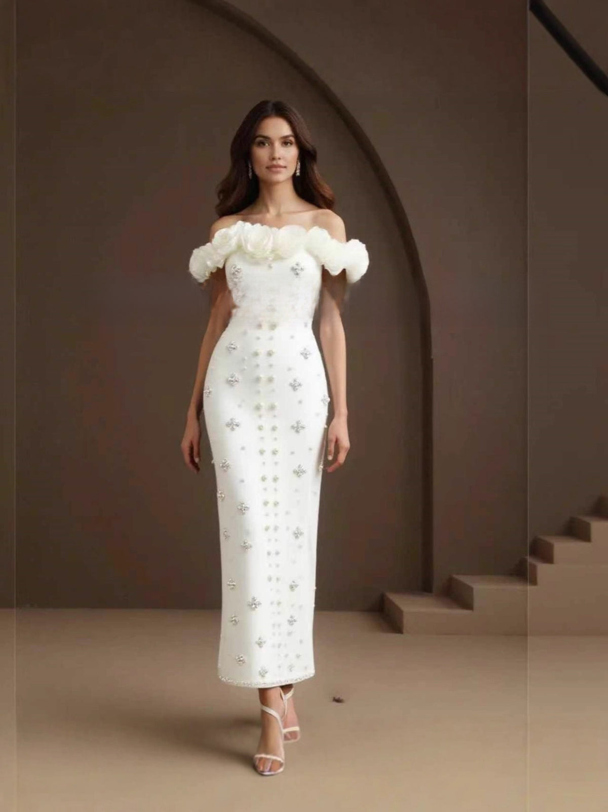 Pearl Embellished One-Shoulder Bandage Dress