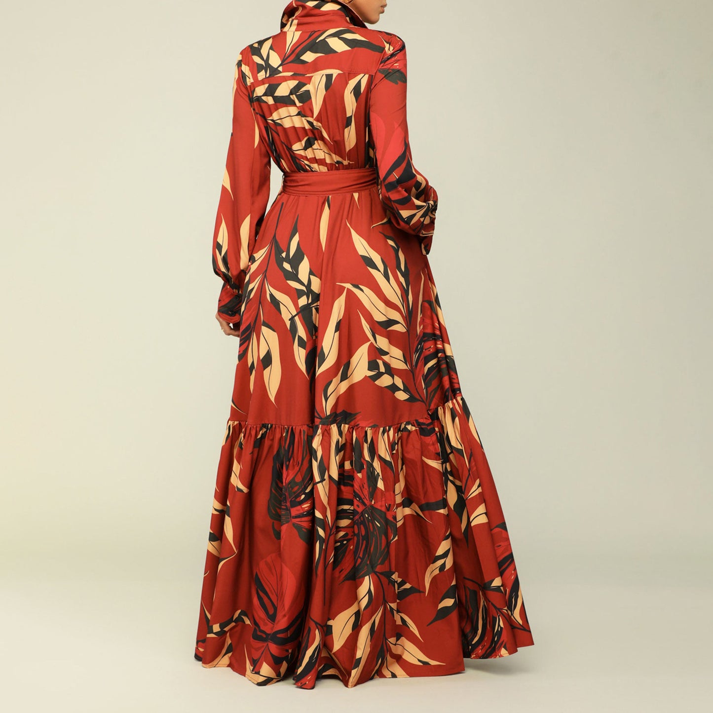 Revers vetersluiting bedrukt lange mouwenmaxi-jurk