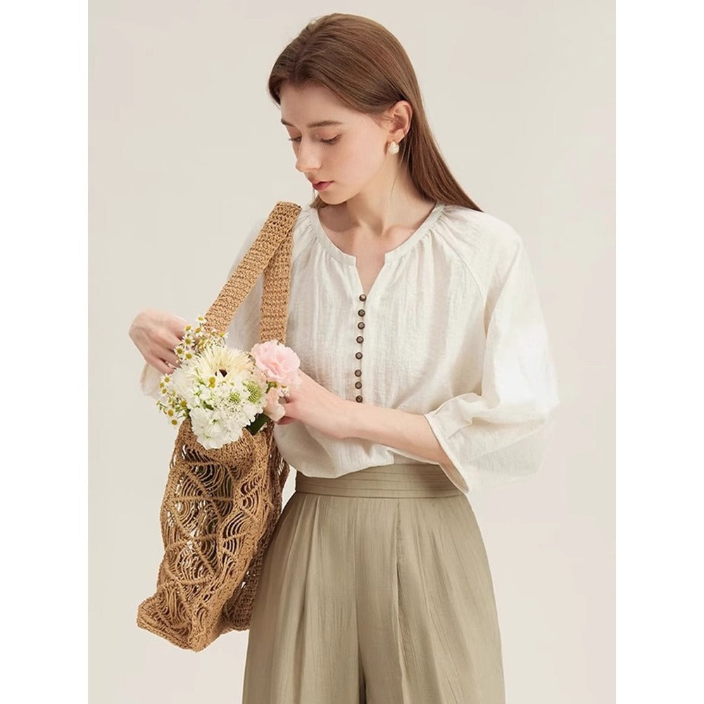 French Linen Shirt Women Three Quarter Sleeve Casual Top