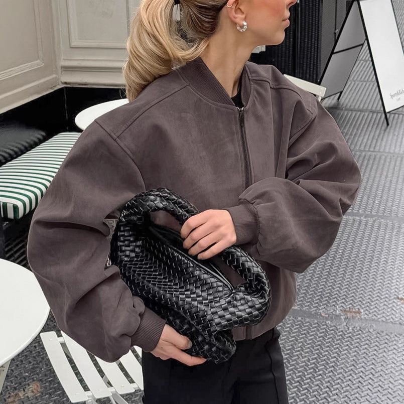 Suède American High Street staande kraag bomberjack met lange mouwen en rits