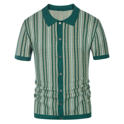 Short sleeved knitted sweater summer new striped jacquard business polo shirt Father's Day gift