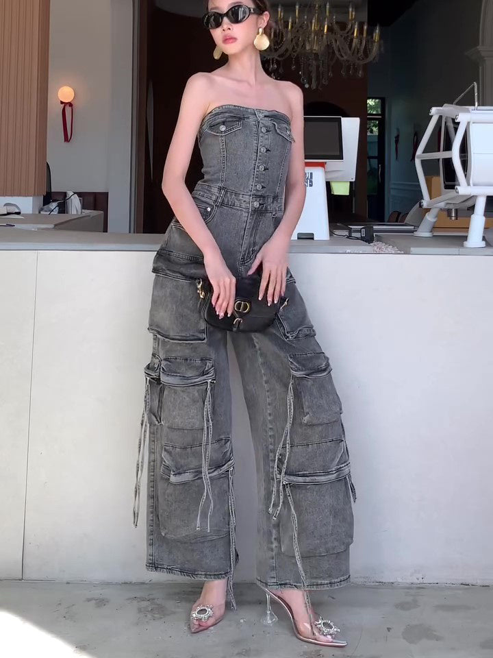 Denim Tube Top Enkelrijs Cargo Jumpsuit