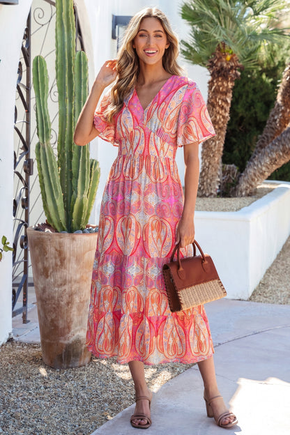 Maxi-jurk met V-hals korte mouwen en V-hals in veelkleurige paisleyprint