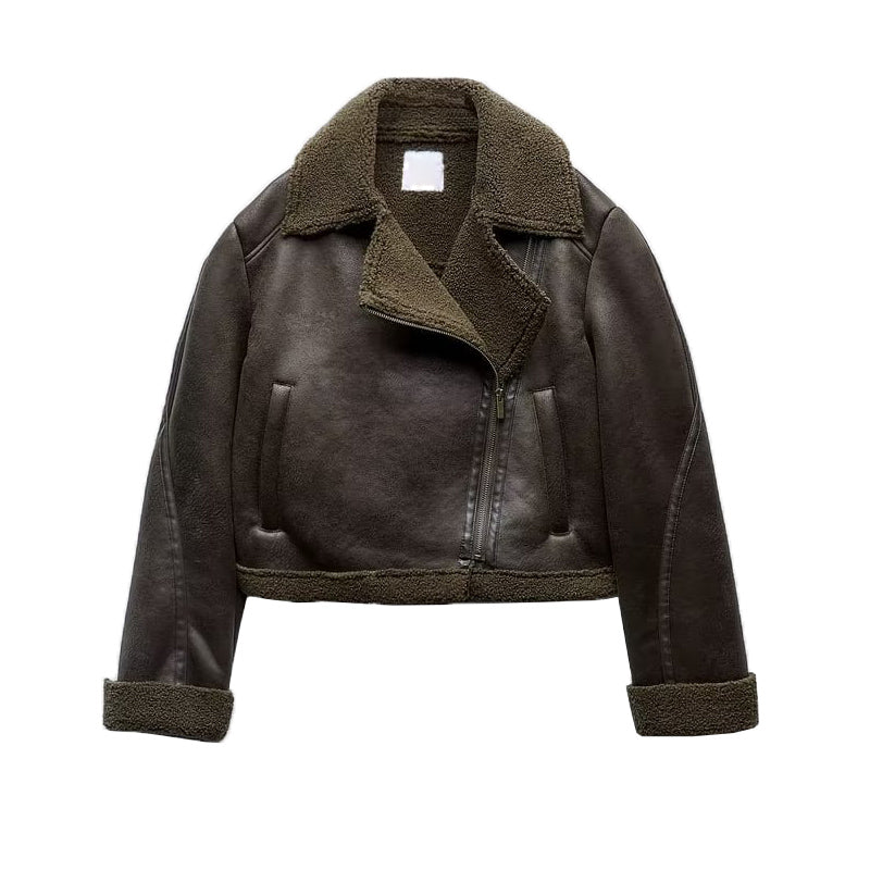 Lapel Patchwork Fleece Motorcycle Short Jacket Coat